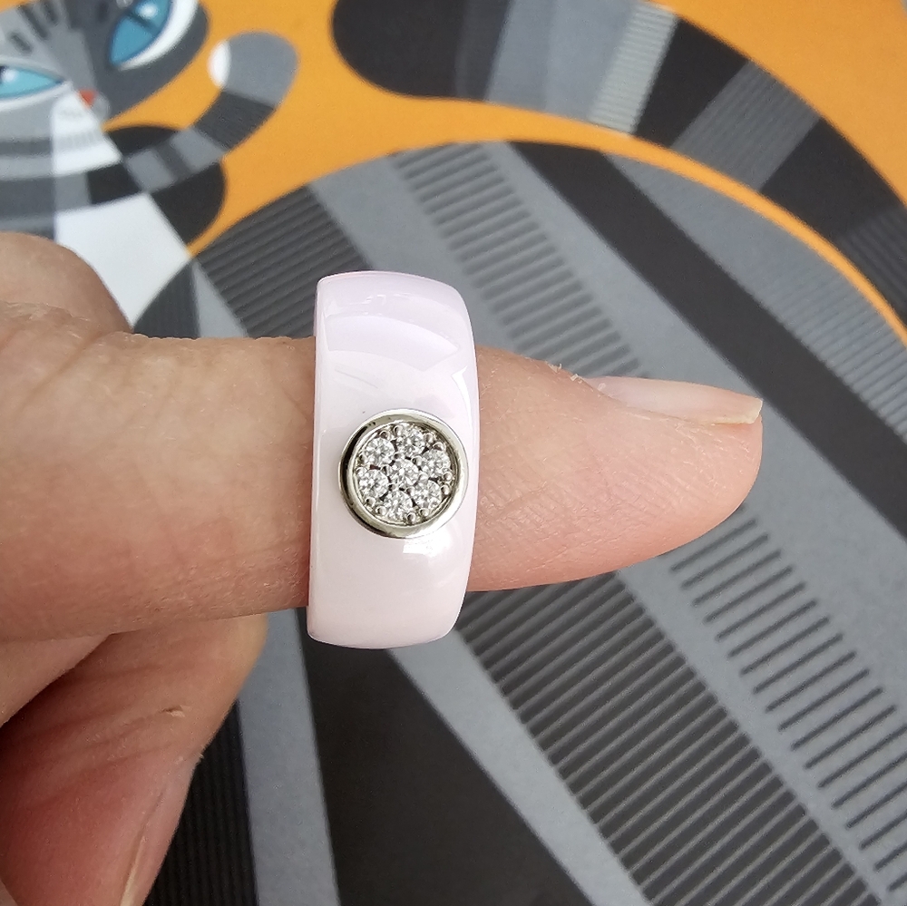 Pink Ceramic Band Ring with Pave CZ - Picture 5 of 8
